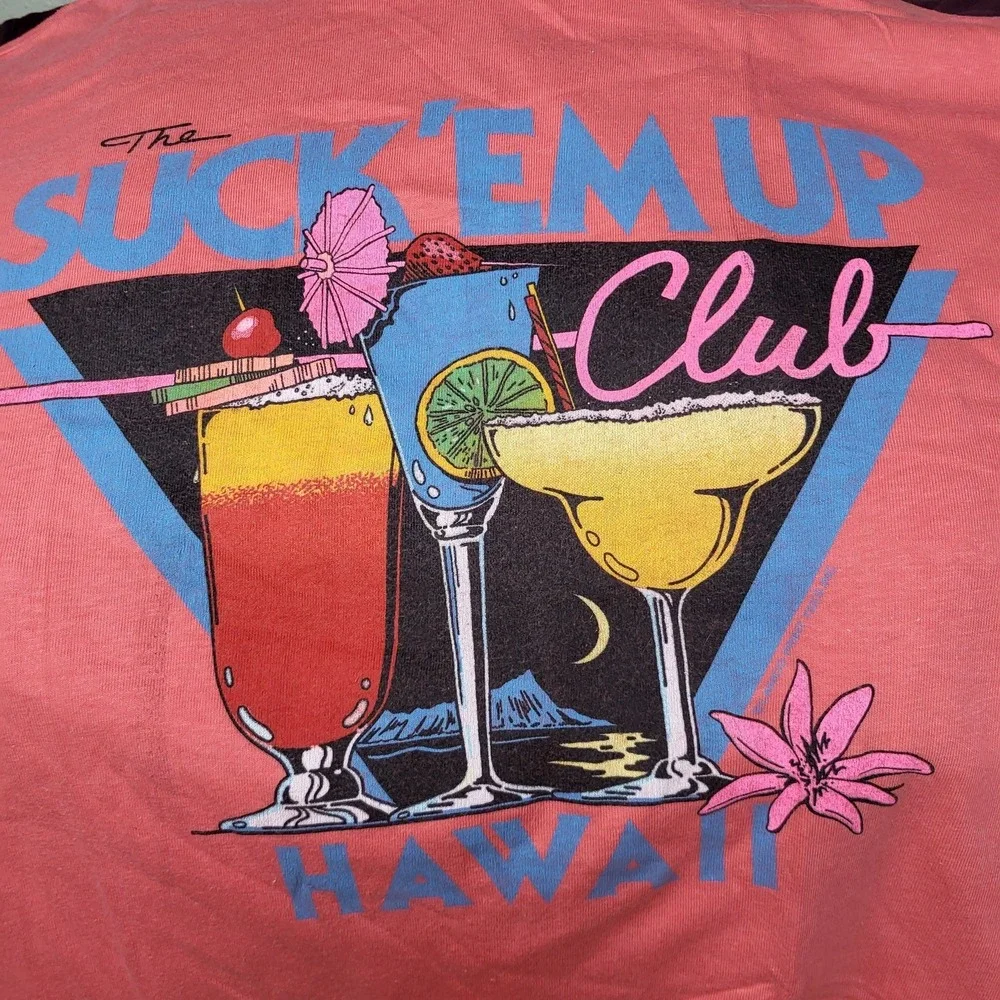 VINTAGE Hawaii Men Shirt L Single Stitch Cocktail Glasses Suck Em Up Club 80s US